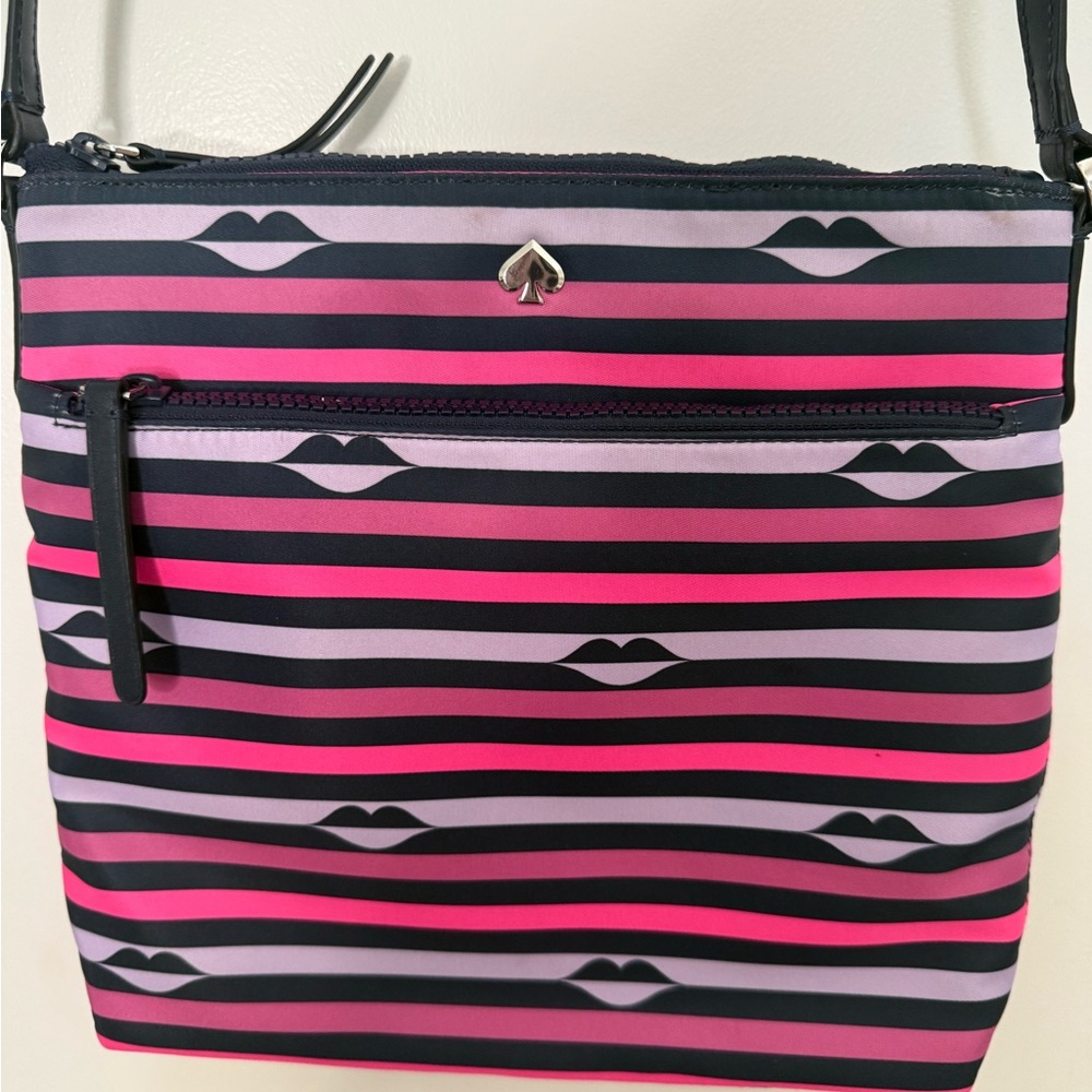 kate spade Striped Lip Print Crossbody in Hot Pink, Light Pink & Black
